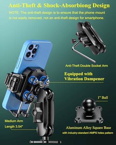 BRCOVAN Anti-Theft Phone Mount Holder with Vibration Dampener, 1s Locking | Don't Block Camera, with Aluminum Medium Arm & Square Base, for Car Boat Truck Motorcycle UTV, Fit 5.4-7.2'' Smartphones