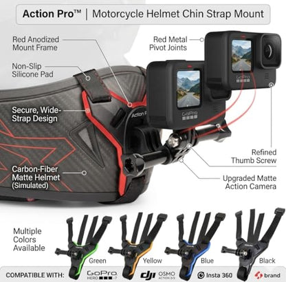 Action Pro™ Motorcycle Helmet Chin Strap Mount Compatible with GoPro Hero 12, 11, 10, 9, 8, 7, (2018), 6, Hero Black, DJI Osmo Action 3/2, Insta 360, Session, Xiaomi Yi, SJCAM (Red) - color: Red
