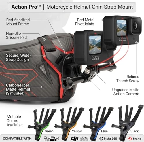 Action Pro™ Motorcycle Helmet Chin Strap Mount Compatible with GoPro Hero 12, 11, 10, 9, 8, 7, (2018), 6, Hero Black, DJI Osmo Action 3/2, Insta 360, Session, Xiaomi Yi, SJCAM (Red) - color: Red