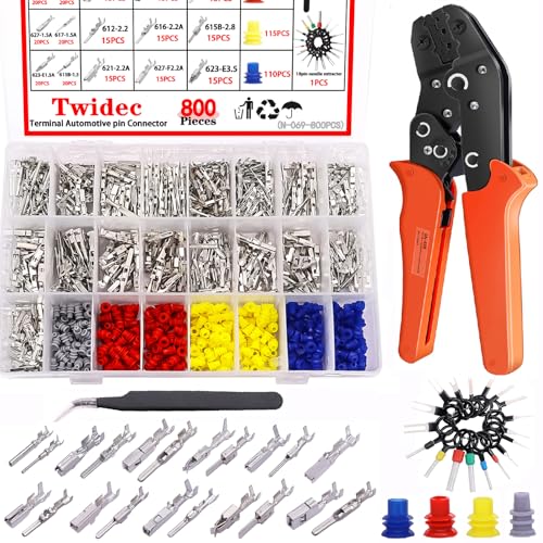 Twidec/800PCS Car Electrical Wire Terminal 21Type 1/1.5/1.8/2.2/2.8/3.5mm Auto Electric Connector Pins Terminal Non-Insulated Plug Removal Male Female Crimp Pins with Crimping Pliers - size: 800PCS + Crimper Tool