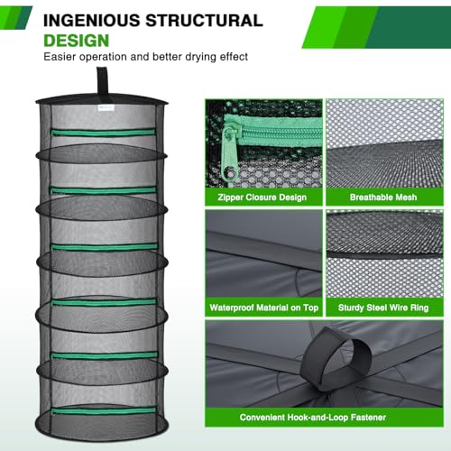 Yesker 6 Layer Herb Drying Rack Hanging Mesh Net Foldable Plant Drying Racks 24" Diameter with Green Zipper & Hook Dryer Hanging Rack for Herbs Seed Bud Fruit Clothes Grow Tent Closets Garden Outdoor - size: 6 Layers Fluorescent Green & Black with Hook