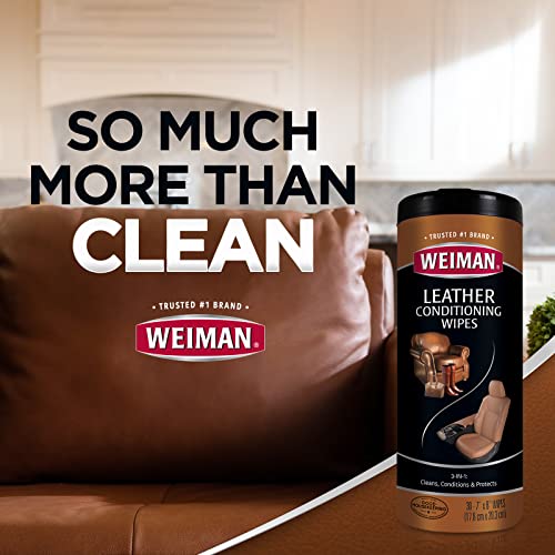 Weiman Leather Cleaner & Conditioner - Cleans, Restores & Protects Leather, UV Protection Prevent Cracking & Fading, For Car Seats, Sofas, Shoes, Bags & All Finished Leather Surfaces, 2 Pack, 60 Wipes