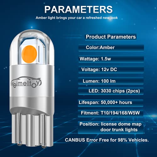 194 LED Car Bulb Amber Yellow 3030 Chipset 2SMD T10 194 168 W5W LED Wedge Light Bulb 1.5W 12V License Plate Light Courtesy Step LightTrunk Lamp Clearance Lights (12pcs/pack)… - color: Amber Yellow