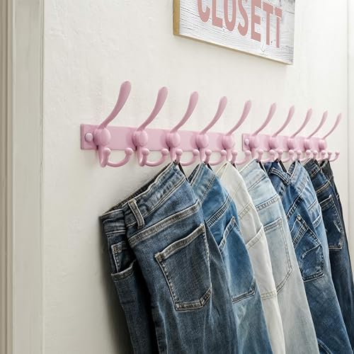 Dseap Coat Rack Wall Mount, Heavy Duty 12-Gauge Base vs Flimsy 1mm, Double-Thick Solid Anti-Snap Hooks, 16” Stud-Mount, Stainless Steel Hanger for Clothes Hat Entryway Closet Mudroom, Pink - color: Pink, size: L=17" (1pcs)
