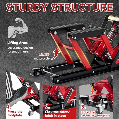 1500 LBS Hydraulic Motorcycle Lift Jack, Heavy Duty Steel ATV Lift Stand with Wheels, Handle, Foot Pedal, Tie-Down Straps & Adapter Bars, Red/Black