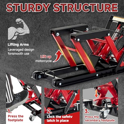 1500 LBS Hydraulic Motorcycle Lift Jack, Heavy Duty Steel ATV Lift Stand with Wheels, Handle, Foot Pedal, Tie-Down Straps & Adapter Bars, Red/Black