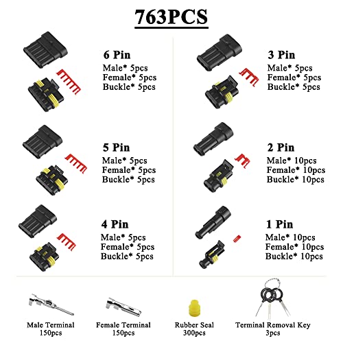 MUYI 763Pcs 40 Sets Waterproof Automotive Electrical Wire Connectors Plug Kit 1/2/3/4/5/6 Pin Waterproof Connectors - style: 1-6pin connector(763 pcs)