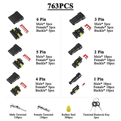 MUYI 763Pcs 40 Sets Waterproof Automotive Electrical Wire Connectors Plug Kit 1/2/3/4/5/6 Pin Waterproof Connectors - style: 1-6pin connector(763 pcs)