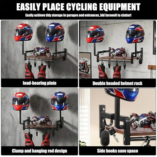 Helmet Wall Mount, Motorcycle Helmet Holder with Walnut Wood Shelf, 2 Helmets Stand, 4 Glove Chips and 2 Hooks, Helmet Display Mount for Most of Helmet and Clothes