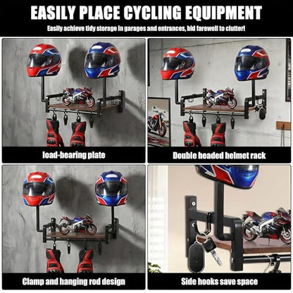 Helmet Wall Mount, Motorcycle Helmet Holder with Walnut Wood Shelf, 2 Helmets Stand, 4 Glove Chips and 2 Hooks, Helmet Display Mount for Most of Helmet and Clothes