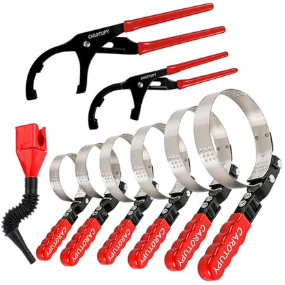 9pcs Oil Filter Wrench Set, 9" and 12" Oil Filter Pliers with Oil Snap Funnel for Automotive Oil Change, Adjustable Oil Filter Removal Tool From 1-3/4" to 6"