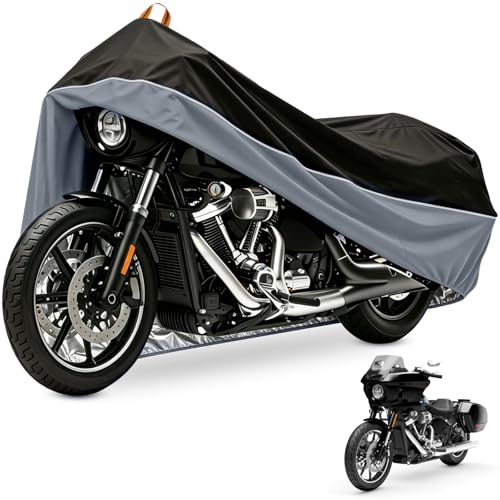 Motorcycle Cover All Season Waterproof Sun Outdoor Protection, Fits up to 116" Motorcycle Powersports Vehicle Covers, Black and Gray (Lockholes & Storage Bag) - color: Black/Gray, size: 116''