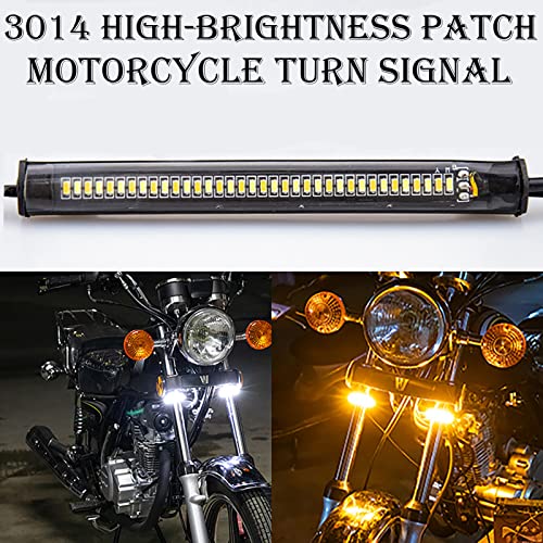 2Pcs Motorcycle LED Fork Turn Signal Blinkers Strip tail Lights Bars kit Lamps Daytime running lights Flexible Switchback Dual-Color White & Amber lights Universal Fit Motorbike (39mm-70mm)