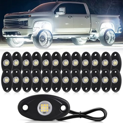 24 Pods White Led Rock Lights，Automotive General Under Body Neon Glow Led Pure Light Kit Ip68 Waterproof 3.8ft Extension Wires for Car Truck Boat Rv ATV Utv SUV RZR Motorcycle Trail Rig Lamp（White） - color: White-24pcs