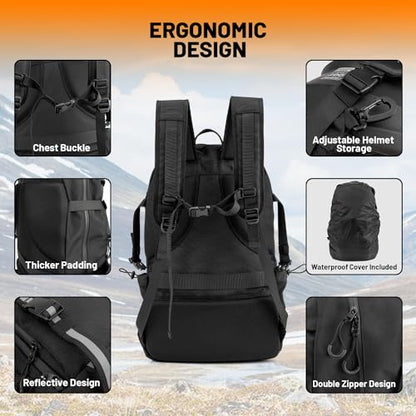 Oumurs Motorcycle Backpack 50L, Waterproof 1680D Oxford Fabric, Expandable, Motorbike Helmet Bag, Reflective, Helmet Strap, USB, Large Capacity, Laptop Rucksack, Long Distance Travel Backpack, Black - color: Black