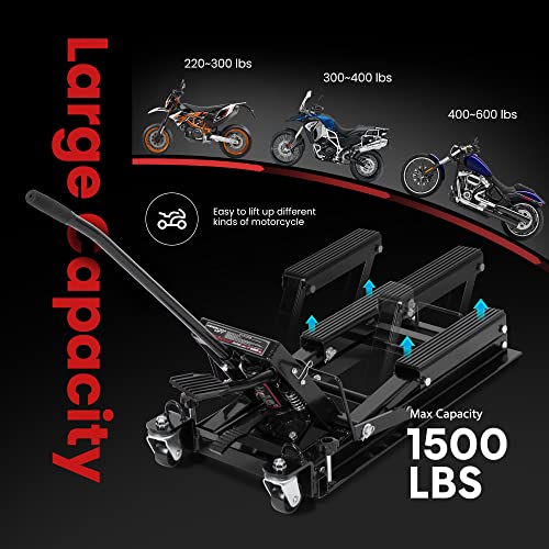 VIVOHOME 1500 LBS Hydraulic Motorcycle Lift Jack, Heavy-Duty Steel ATV Lift Stand with Wheels & Handle, for Motorcycles, Dirt Bikes, ATVs (Black) - color: Black
