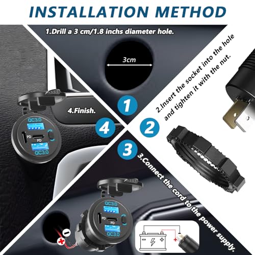2PCS,Dual PD USB C Ports & Dual USB Quick Charge 3.0 Ports 12V USB Outlet with Switch, VANONE Waterproof and Dustproof Car Charger Socket, Accessories for Car Boat Marine Motorcycle RV ATV Golf Cart