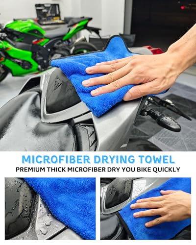 Motorcycle Cleaning Brush Kit 6 Pack, Easy Reach Brush, Chain Brush,Wool Wash Mitt, Stiff Tire Brush, Detailing Brush& Microfiber Towel for Motorcycle Mudguard, Rims,Exhaust, Frame Detailing Wash Kit - size: Blue(6 Pack)