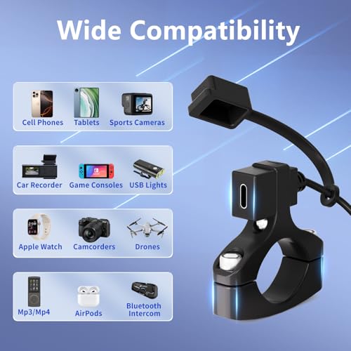 Cliff Top Waterproof Motorcycle USB Charger, 18W PD USB-C Fast Charging, SAE to USB-C Adapter, USB Port with 22–32mm Handlebar Mount for Motorcycle, Scooter, ATV, Phone Devices, Vertical
