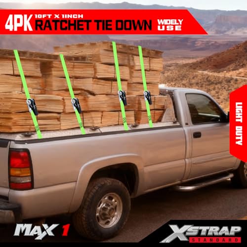 XSTRAP STANDARD Ratchet Tie Down Straps 4 Pk 10 Ft- 300 Lbs Load Cap- 900 Lbs Break Strength-Cargo Straps for UTV, ATV, Pickup,Truck, Moving Appliances, Lawn Equipment, Neon Green - color: Green, size: 4pk 1inchx10ft