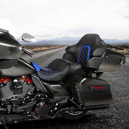 C.C. RIDER Gel Seat Driver Passenger Seat and King/Chopped Tour Trunk Backrest Fit For Harley Touring 2014-2023 Street Glide Road Glide Road King Electra Glide,Blue Hexagon - color: 23# Gel Blue+ 1 Backrest