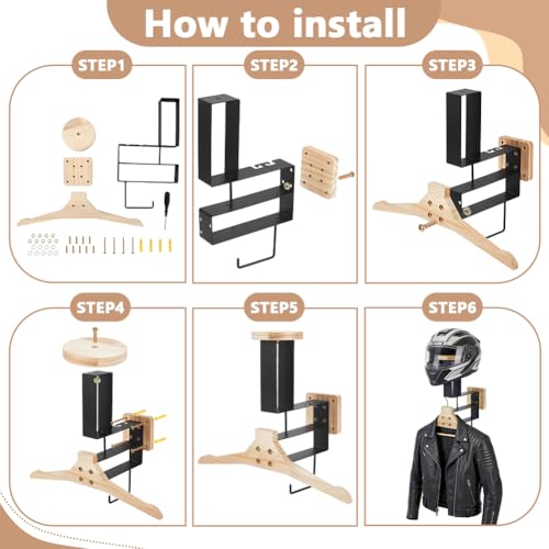 Tactical Gear Stand Wooden Motorcycle Helmet Holder Wall Mount Heavy Duty Helmet Display Rack with Hooks Jacket Hanger Wall Mounted for Motorcycle Football Cycling Accessories