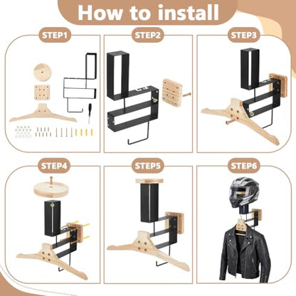 Tactical Gear Stand Wooden Motorcycle Helmet Holder Wall Mount Heavy Duty Helmet Display Rack with Hooks Jacket Hanger Wall Mounted for Motorcycle Football Cycling Accessories