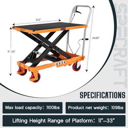 SPECRAFT 1100 lbs Hydraulic Lift Cart, Single Scissor Lift Table, 33" Max Height, 4 Wheels, Non-Slip Pad Material Handling Platform, Orange - size: 1100 lbs