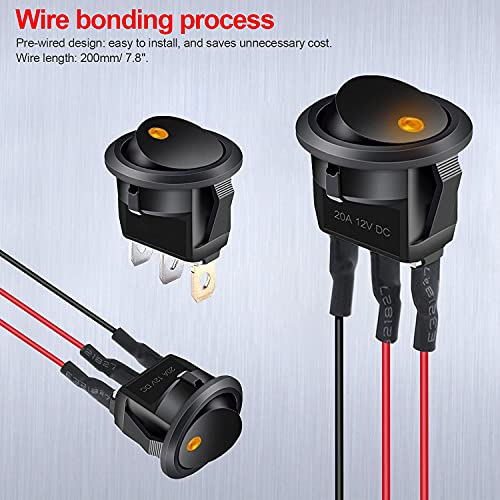 Twidec/8Pcs SPST Round Dot Lighted Rocker Switch Toggle Control for Car Or Boat 20A 12V DC On/Off Yellow LED Light with Pre-soldered Wires KCD2-102N-Y-X - color: Yellow LED-Round