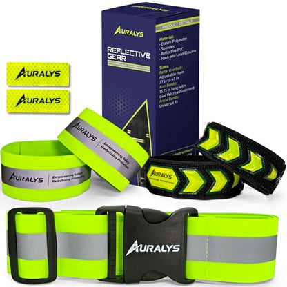 Auralys® 4 in 1 Reflective Running Gear, Adjustable Belt, Arm Bands, Ankle Straps & Bike Stickers for Night Visibility, Safety Gear, Reflective Tape Straps for Clothing, Night Dog Walking, Cycling