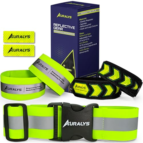 Auralys® 4 in 1 Reflective Running Gear, Adjustable Belt, Arm Bands, Ankle Straps & Bike Stickers for Night Visibility, Safety Gear, Reflective Tape Straps for Clothing, Night Dog Walking, Cycling