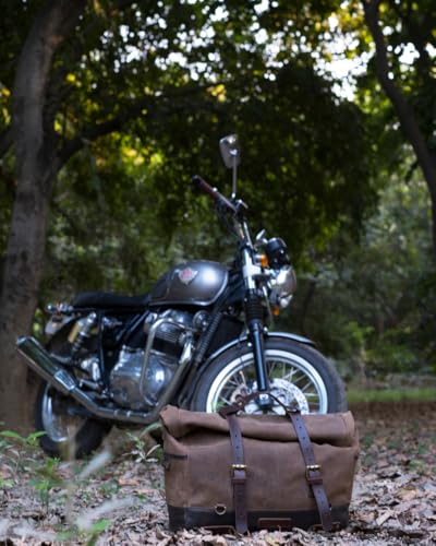 Trip Machine Company Outlaw Leather Motorcycle Saddlebag – 17L Roll Top Luggage Bag with Mounting Straps, Shoulder Strap & Waterproof Rain Cover (Dark Brown/Tobacco) - color: Dark Brown/ Tobacco