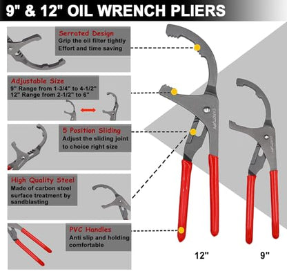 10PCS Oil Filter Wrench Set, 9" & 12" Oil Filter Pliers, 3 Jaw Oil Filter Wrench Tool with Oil Funnel for Oil Change Adjustable From 1-3/4" to 6"