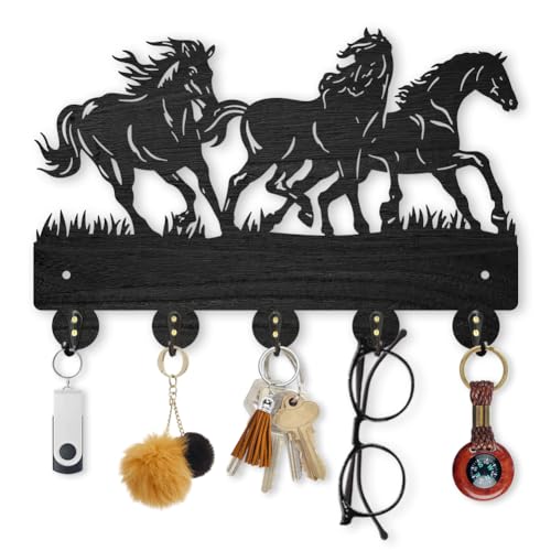 MAYJOYDIY Horse Coat Hooks Wall Mounted 11.8×7.9inch Running Horse Key Holder for Wall Wood Key Rack Hanger with 5 Alloy Hooks for Wall Art Decor Entryway Front Door Gift - color: Horse