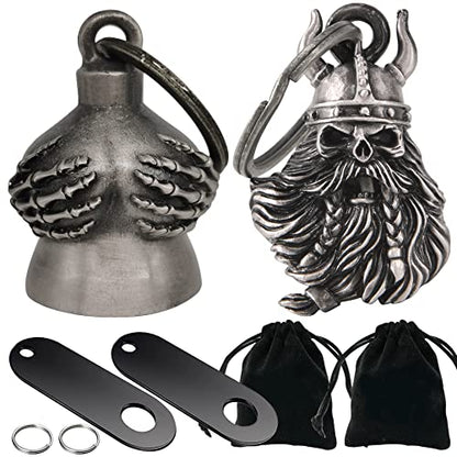 Dream Apparel 2 Pack Motorcycle Bells Guardian Angel for Biker Rider Men Women Ride Riding with Hangers, Drive Away Gremlins - color: Handful Bell + Viking Skull W/ Helmet Bell