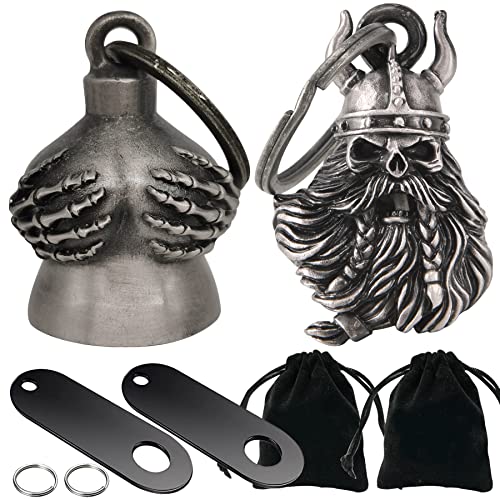 Dream Apparel 2 Pack Motorcycle Bells Guardian Angel for Biker Rider Men Women Ride Riding with Hangers, Drive Away Gremlins - color: Handful Bell + Viking Skull W/ Helmet Bell