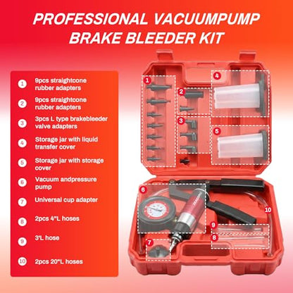 Handheld Vacuum Pump Brake Bleeder Kit, Multi-Functional Vacuum & Pressure Tester Set with Gauge, Hoses, Adapters and Fluid Reservoirs, for Automotive Brake, Clutch and Fluid Extraction ((23PC-Red))