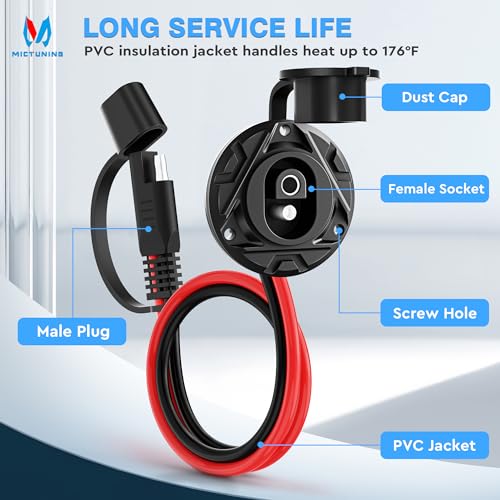 MICTUNING 1FT 14 AWG SAE Socket Sidewall Port to Male Plug 12V-24V Power Cord Quick Connector Extension Cable Harness, Waterproof Dust Cap, for Automotive RV Motorcycle Solar Panel, 2pcs