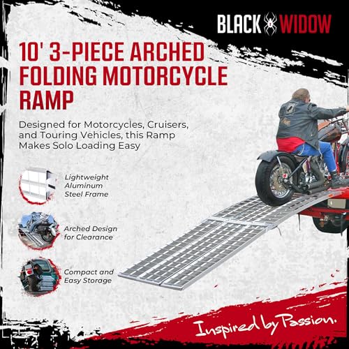 Black Widow Aluminum Folding Motorcycle Ramp for Pickup Trucks, Arched Design, 10’, Silver – Heavy-Duty Portable Automotive Loading Ramps for Truck and Trailer - size: 10 feet