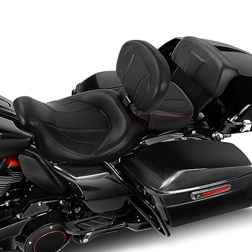 SLMOTO Motorcycle Low-Profile Passenger Rieder Seat, Driver Sissy Bar Backrest Pad Passenger Backrest For Harley Touring CVO Road King Street Glide Road Glide Electra Glide 2014-2023 Black Red - color: Style A Red Seat+2BackrestA