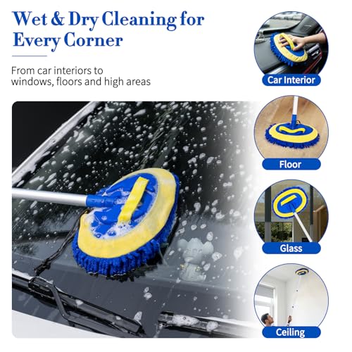 Car Wash Brush with Long Handle - 62" Car Wash Kit with Chenille Microfiber Cleaning Brush, Car Washing Mop with 3 Replacement Mitts, Scratch-Free Scrub Washer Wand for Vehicles, RV, Truck Blue - color: Blue