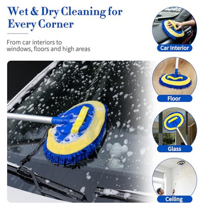 Car Wash Brush with Long Handle - 62" Car Wash Kit with Chenille Microfiber Cleaning Brush, Car Washing Mop with 3 Replacement Mitts, Scratch-Free Scrub Washer Wand for Vehicles, RV, Truck Blue - color: Blue