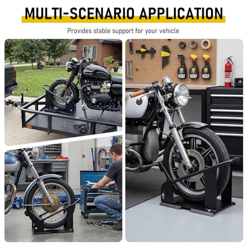 Motorcycle Wheel Chock Stand, Adjustable Front Wheel Chock with 3 Position Steel Cradle, Fits 15-21 in Wheels, 3-6.5 in Tires, Heavy Duty Tire Holder for Garage Trailer Truck