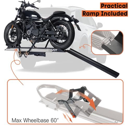 CRAVOT Motorack M1 Motorcycle Hitch Carrier with Ramp, 350 lbs Capacity Dirt Bike Carrier, Foldable Hauler Hitch Mount Rack Anti-Rattle Up to 4-inch Fat Tire 2" Receiver - size: MotorRack M1 350lbs