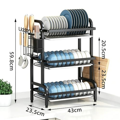 3 Tier Dish Drying Rack for Kitchen Counter, Large Capacity Dish Rack with Drainboard Set & Utensil Holder, Rustproof Metal Dish Drainer with Cup Bowl Plate Storage - color: Black1