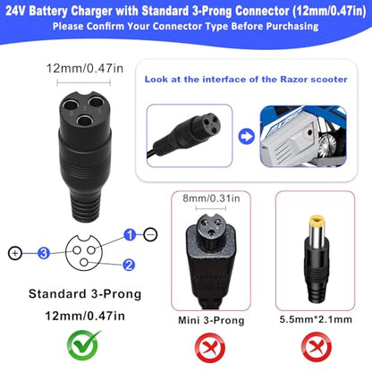 24V Electric Scooter Razor Charger for Razor MX350 Dirt Bike MX400 Dirt Rocket PR200, E100 E200 E300 E500 Quad Pocket Mod Sports Mod Motorcycle 24V 2000mA Charger