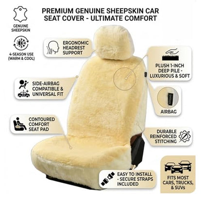 1PC Front Bucket Genuine Sheepskin Car Seat Cover Lambskin Winter Car seat Cushion Lambs Wool Sheep Skin Fuzzy Seat Cover Shearling Car Accessories for SUVs, Saloons and Trucks (Beige) - color: Beige