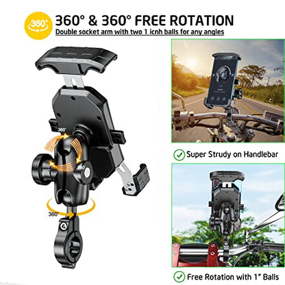 iMESTOU Anti-Theft Motorcycle Phone Mount Bike 1 Ball Phone Holder Handlebar Double Socket Arm Cellphone Holder with Aluminum 1" Ball Base 360 Rotation Universal for 4.0-7.0 Inch Smartphones - style: Double Socket Arm- No Charge Style