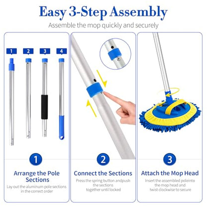 Car Wash Brush with Long Handle - 62" Car Wash Kit with Chenille Microfiber Cleaning Brush, Car Washing Mop with 3 Replacement Mitts, Scratch-Free Scrub Washer Wand for Vehicles, RV, Truck Blue - color: Blue