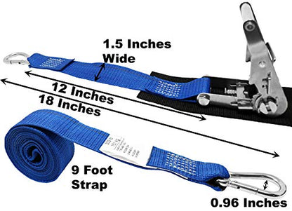 1.5 Inch Stainless Steel Ratchet Strap with Protective Pad Under Buckle, Stainless Steel Carabiner Clip with Grommet On Both Ends, Total Strap Length 10 Ft. - color: Dark Blue